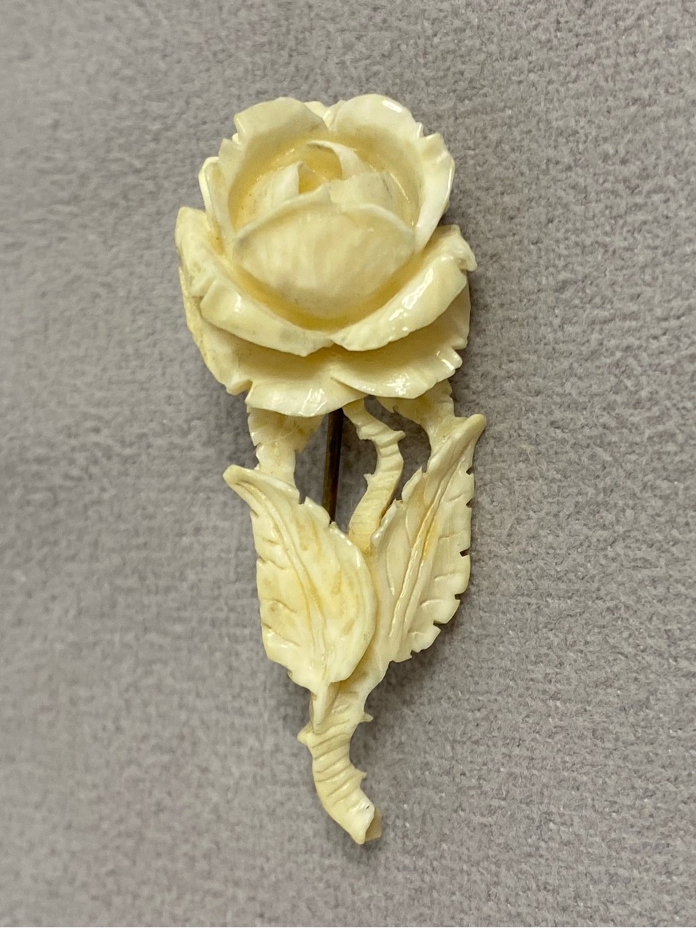 Antique Hand Carved Rose Floral Brooch C Clasp Tube Hinge Delicate